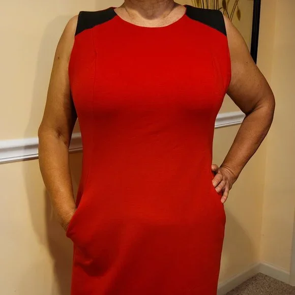 liz claiborne dresses red Liz Claiborne Vintage 80s Red Geometric Pleated Midi Dress Puff Sleeve Size 6